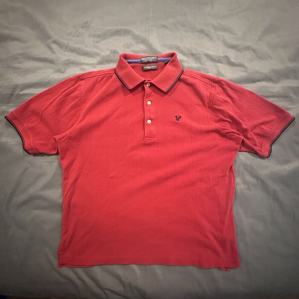 Vintage 90s Lyle & Scott Polo Pinstriped 100% Combed Cotton Hong Kong Mens S Red